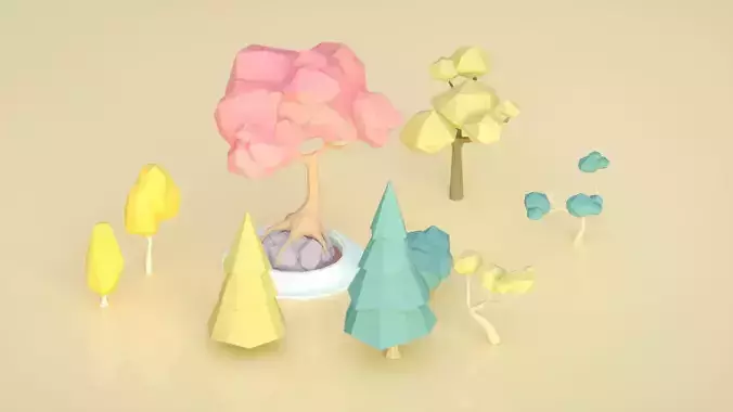 low ploy scene cartoon trees pine trees potted plants