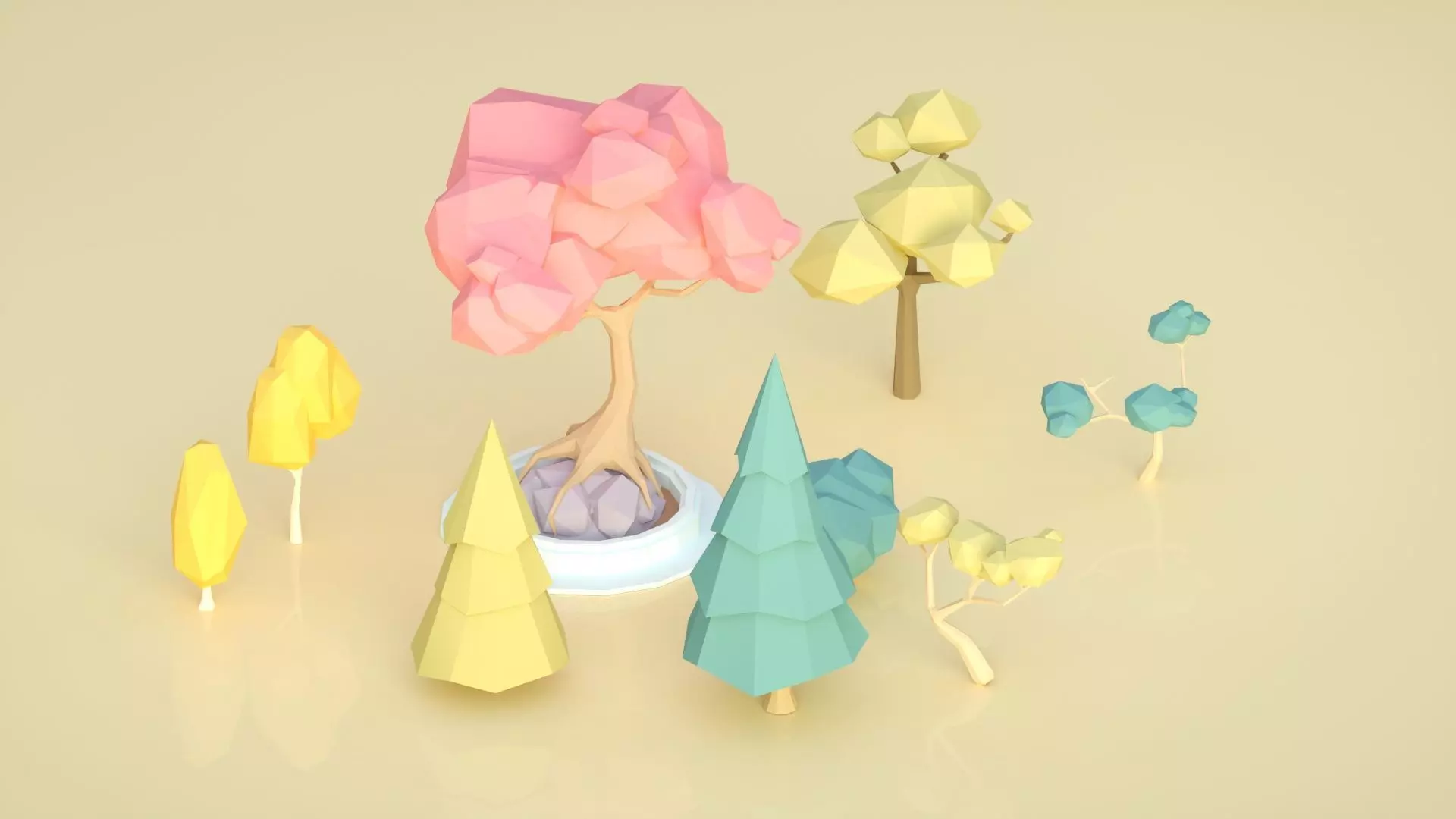 low ploy scene cartoon trees pine trees potted plants 3D model_0