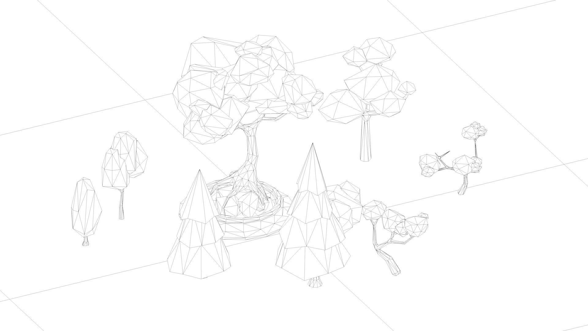 low ploy scene cartoon trees pine trees potted plants 3D model_3