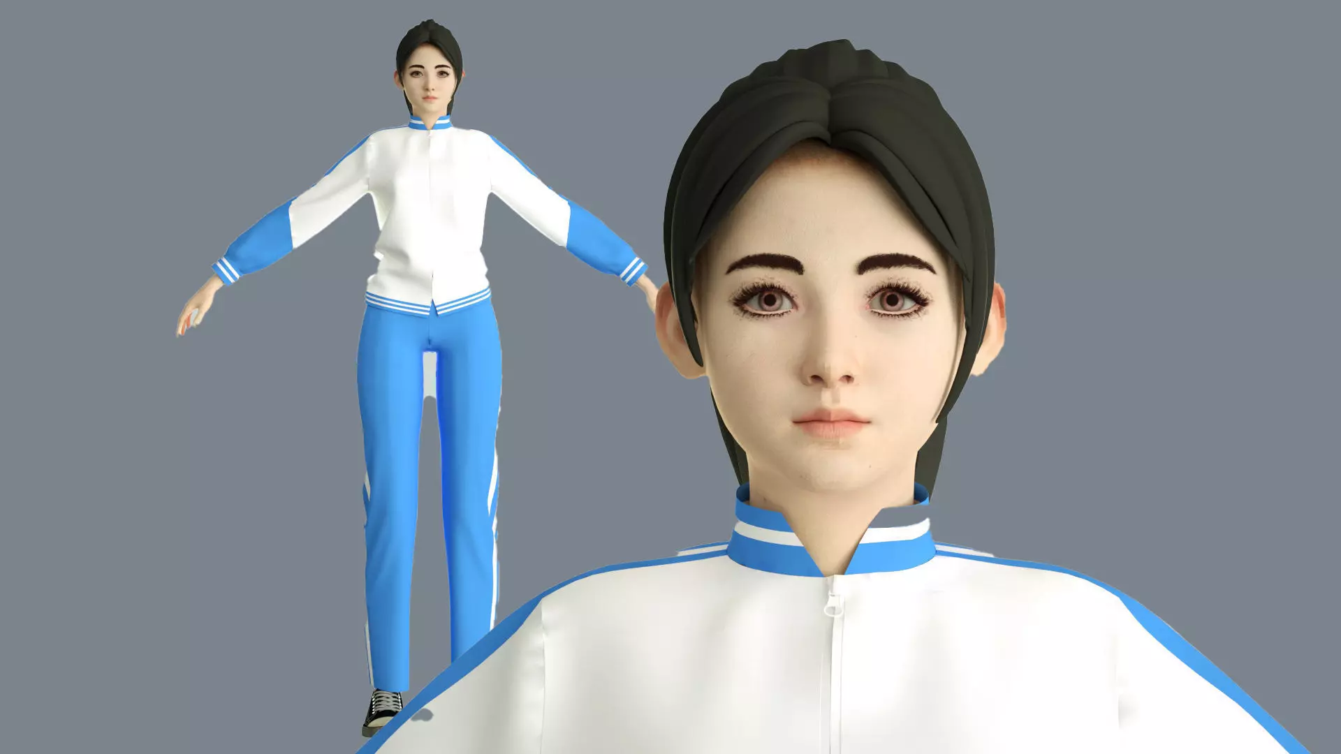 Chinese middle school student cartoon female student 3D model_0