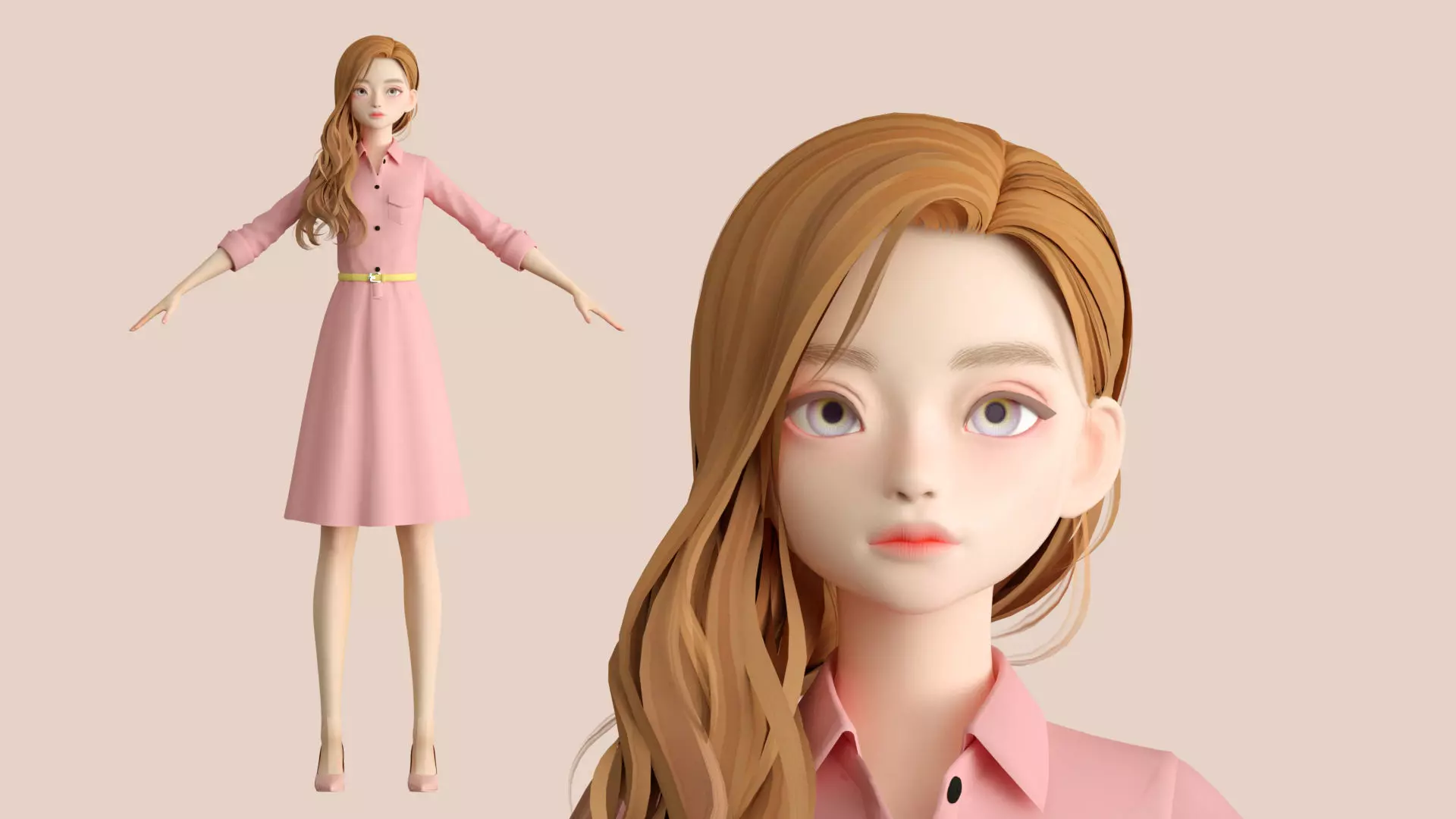 Cartoon female office worker with long wavy hair 3D model_0