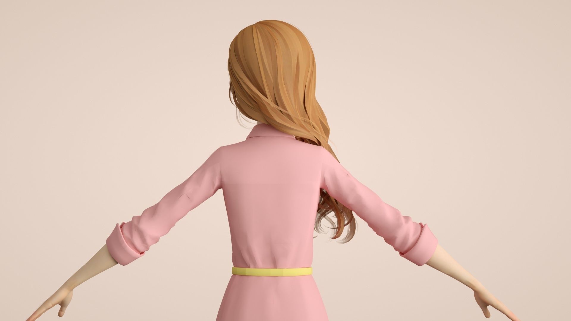 Cartoon female office worker with long wavy hair 3D model_6