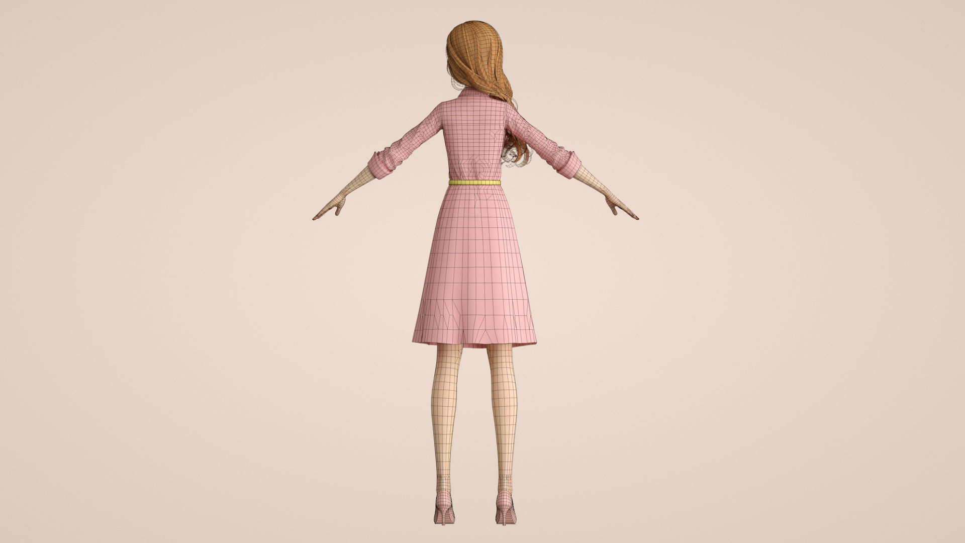 Cartoon female office worker with long wavy hair 3D model_12