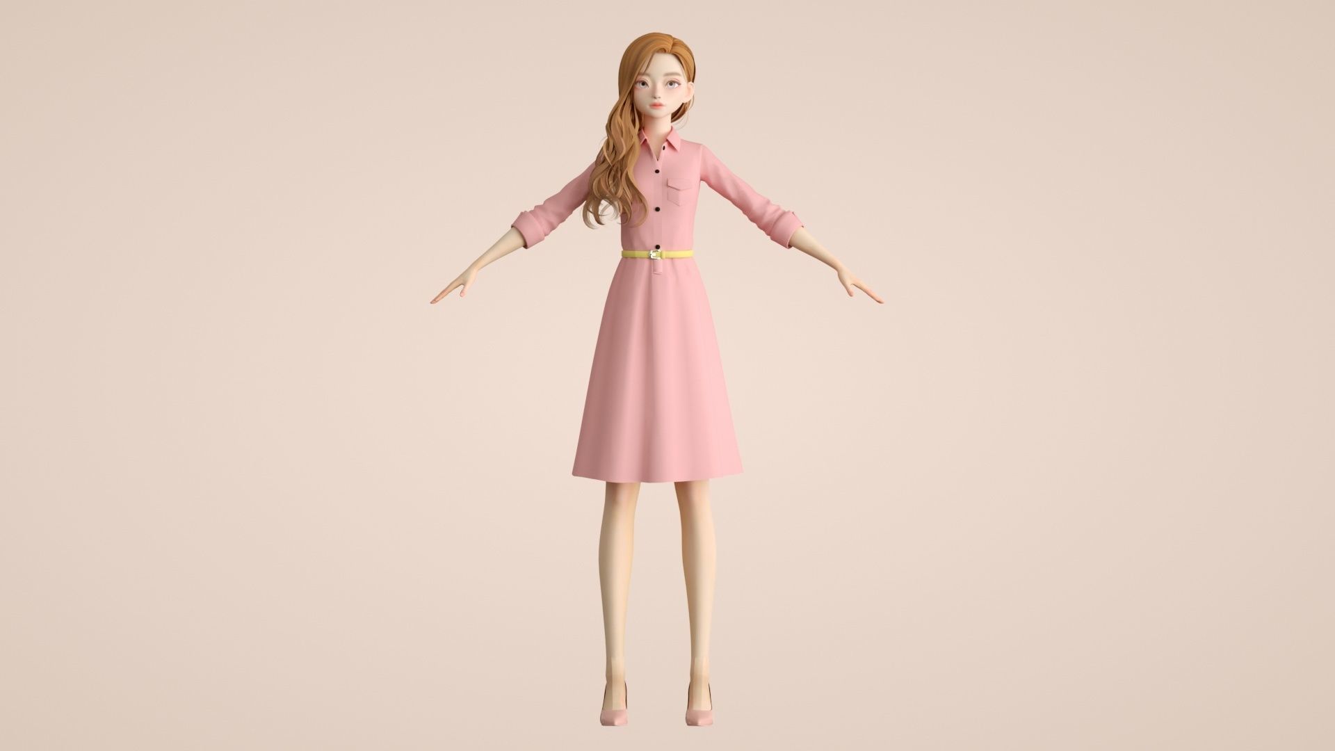 Cartoon female office worker with long wavy hair 3D model_7