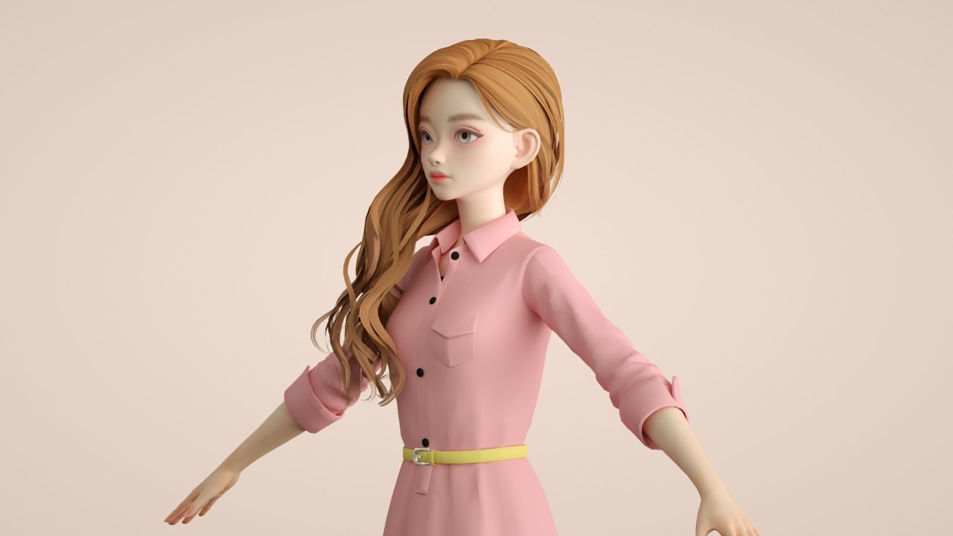 Cartoon female office worker with long wavy hair 3D model_5