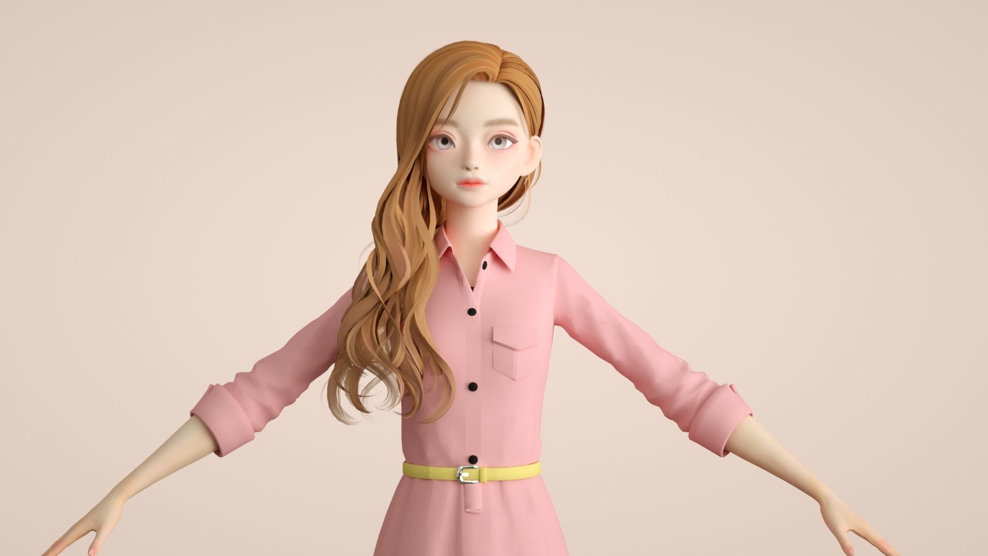 Cartoon female office worker with long wavy hair 3D model_4