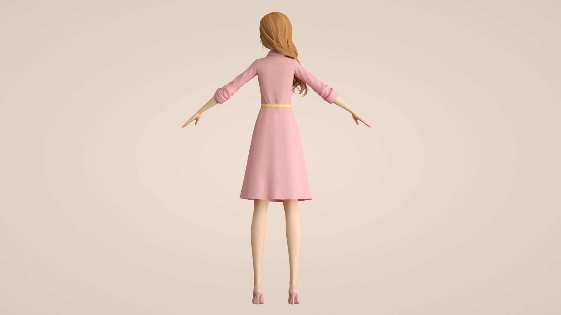 Cartoon female office worker with long wavy hair 3D model_9