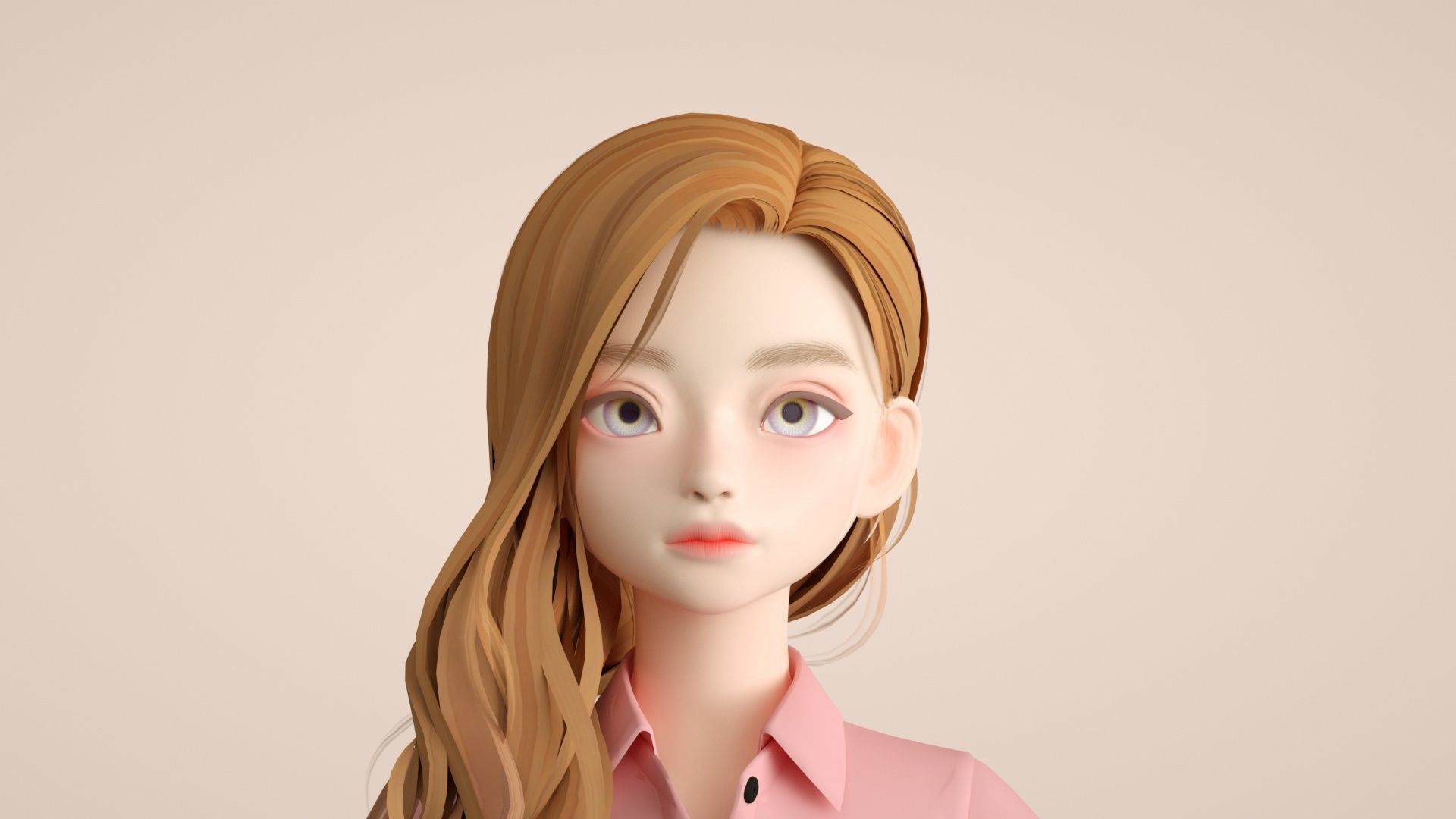 Cartoon female office worker with long wavy hair 3D model_1