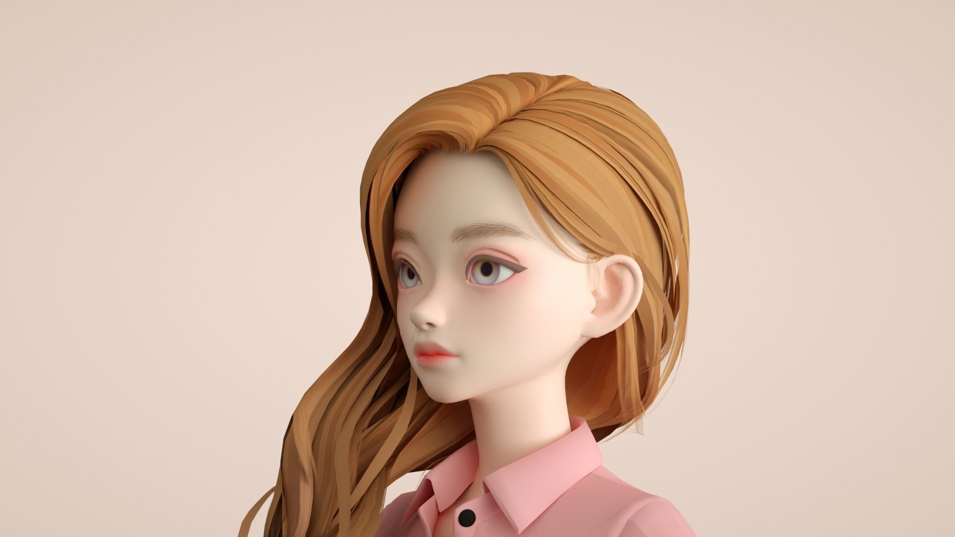 Cartoon female office worker with long wavy hair 3D model_2