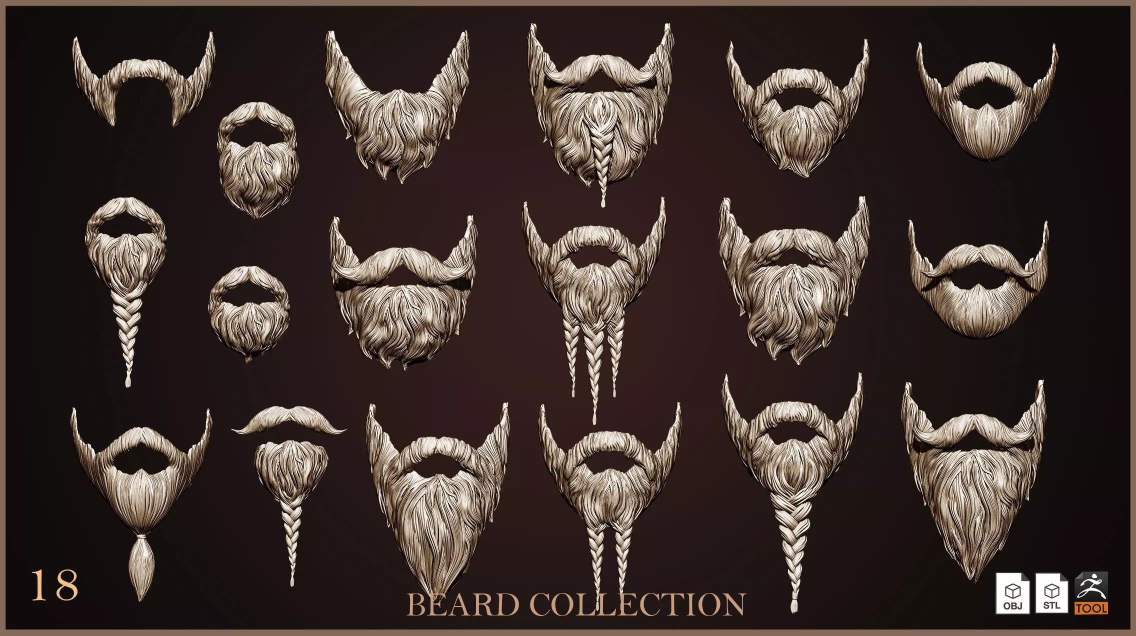 Beard Collection - 18 beard Sculpts 3D model_0