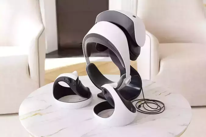 Modern VR helmet and controllers on stand