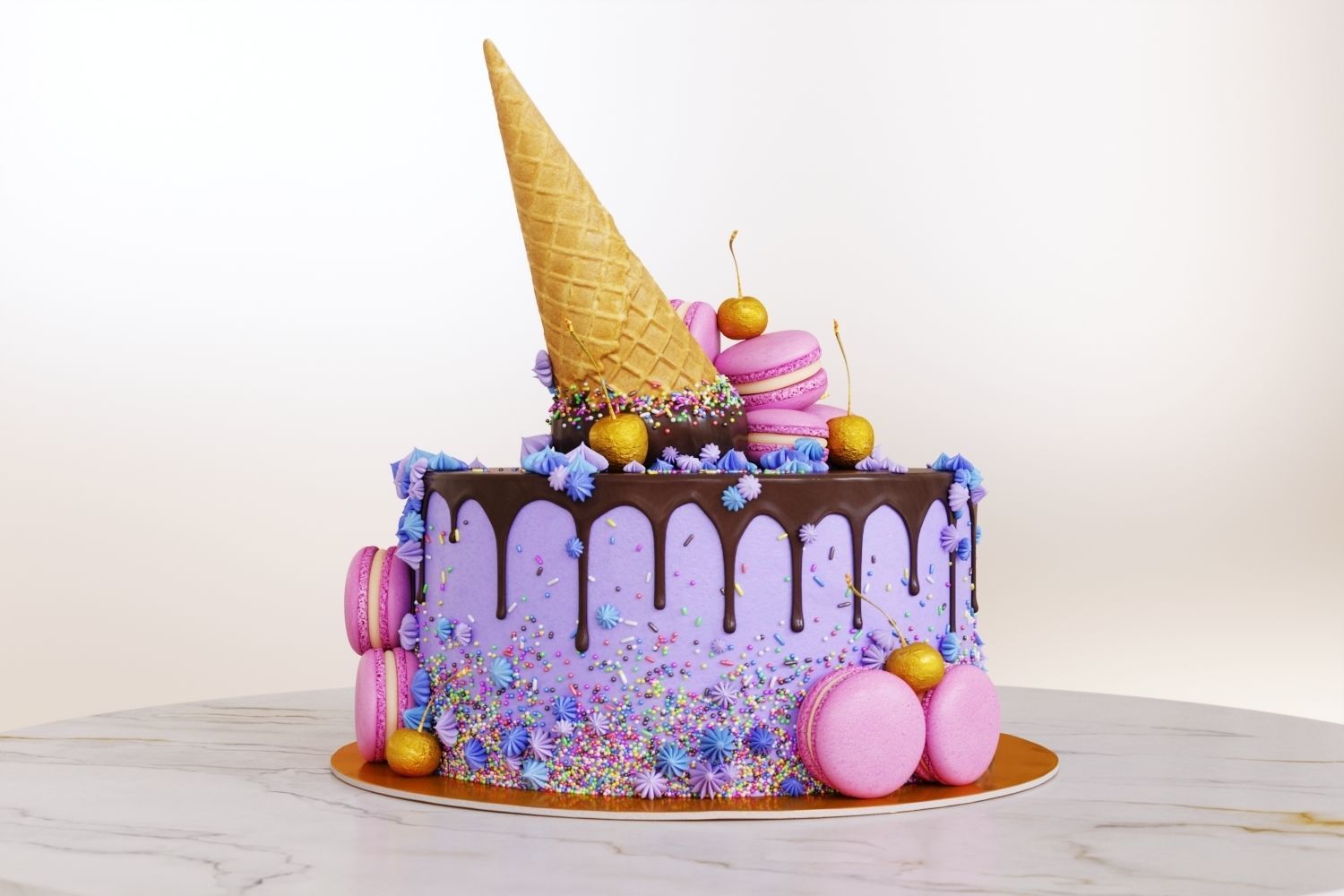 Birthday cake with macarons and ice cream cone 3D model_6