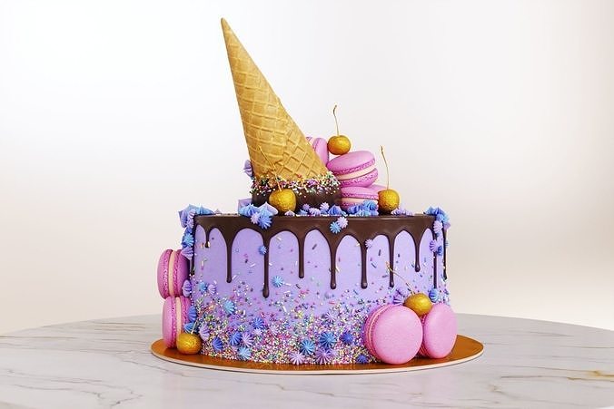 Birthday cake with macarons and ice cream cone 3D model 7