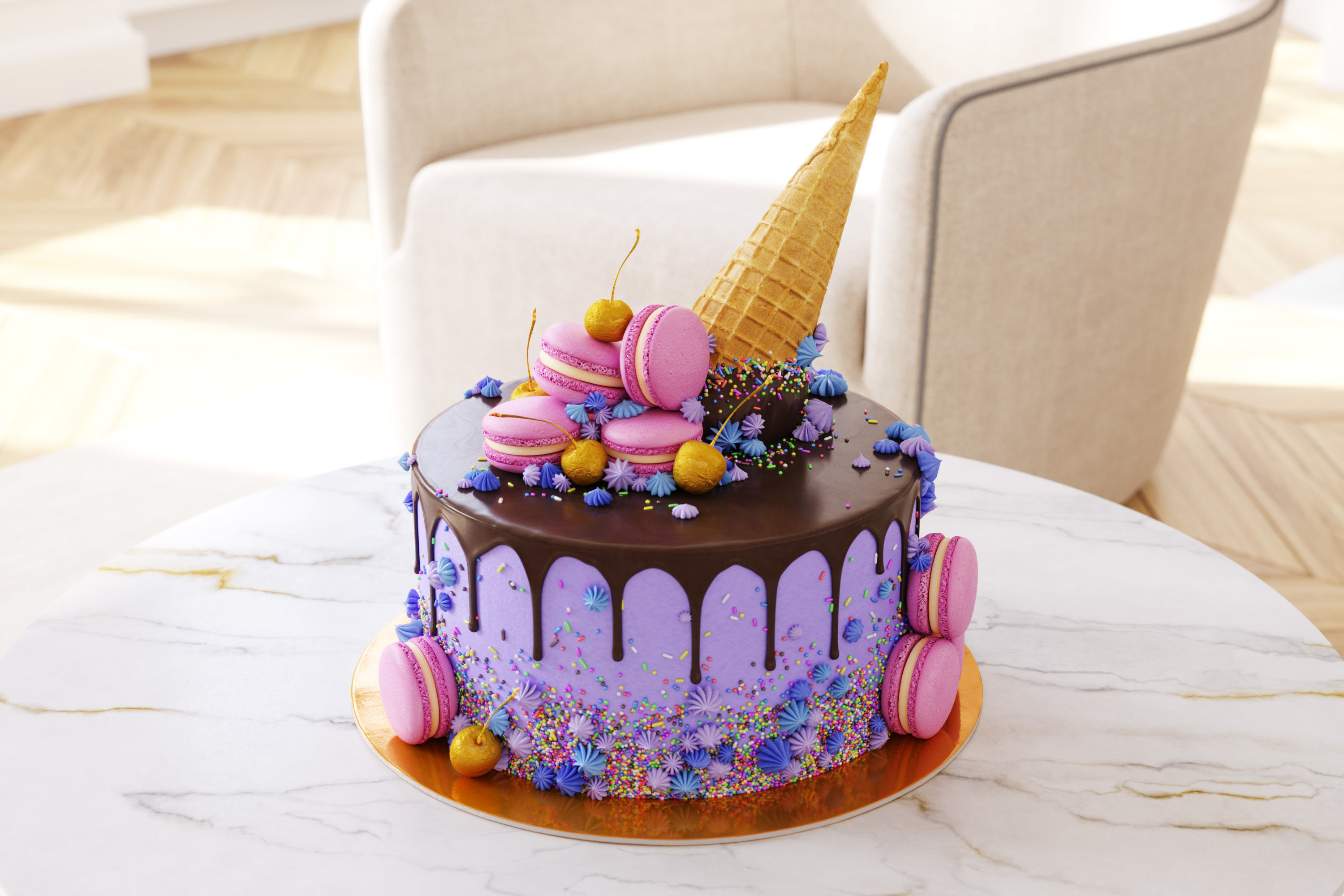 Birthday cake with macarons and ice cream cone 3D model_0
