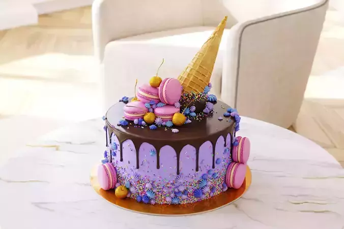 Birthday cake with macarons and ice cream cone 3D model