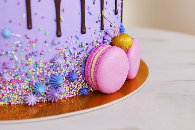 Birthday cake with macarons and ice cream cone 3D model 5