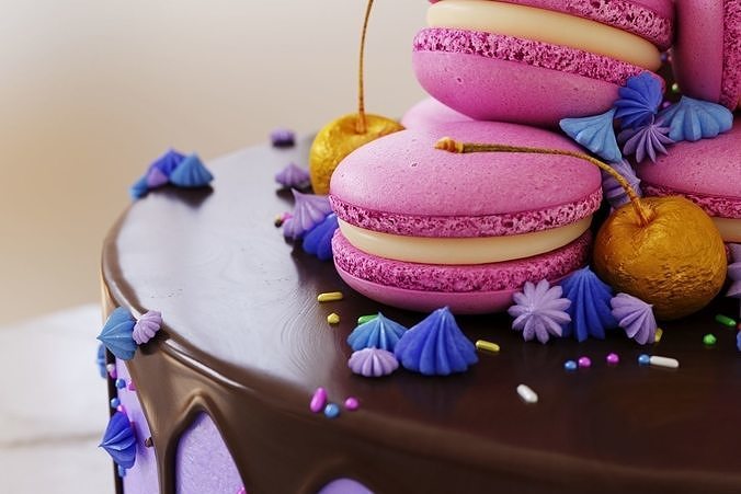 Birthday cake with macarons and ice cream cone 3D model 6