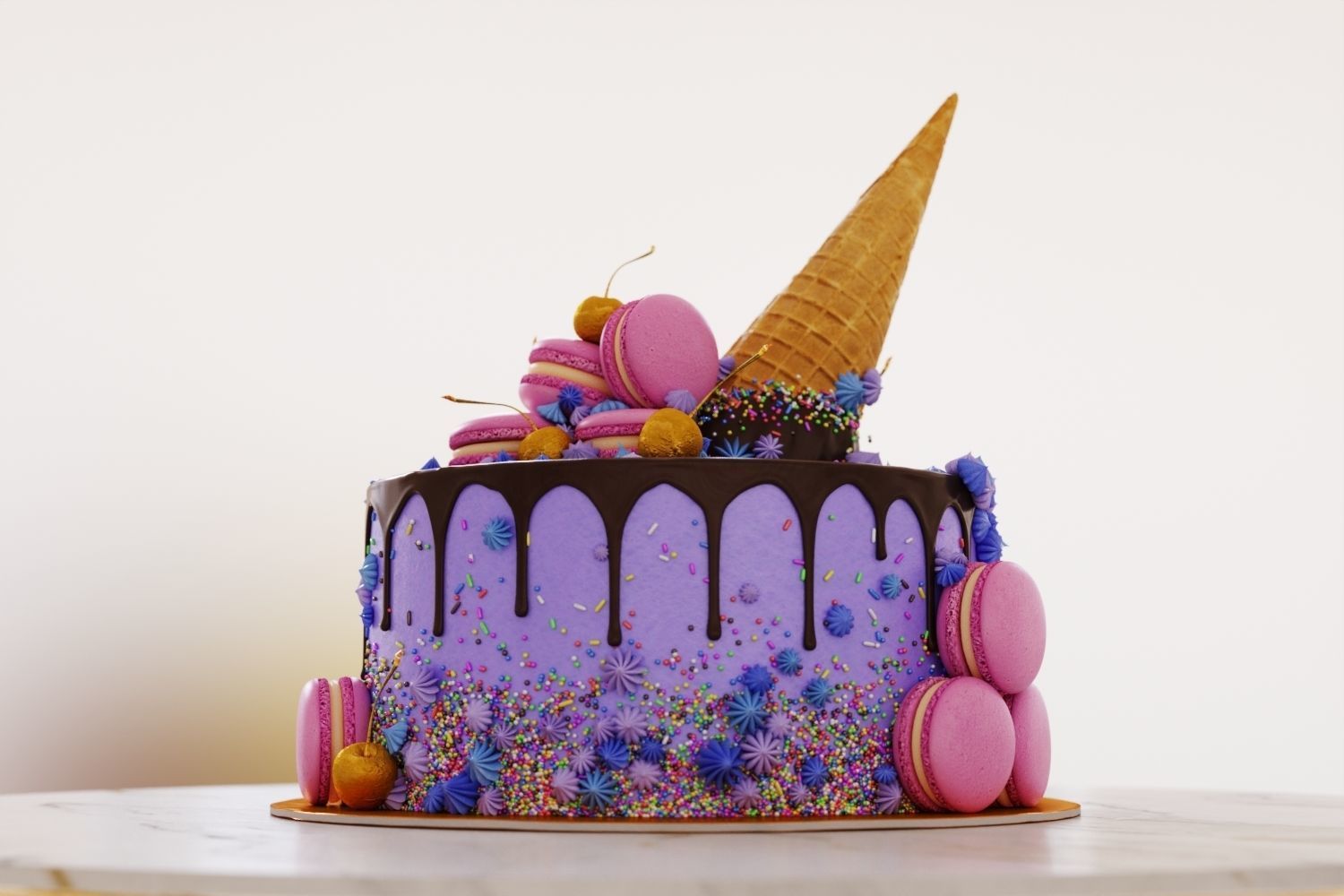 Birthday cake with macarons and ice cream cone 3D model_9