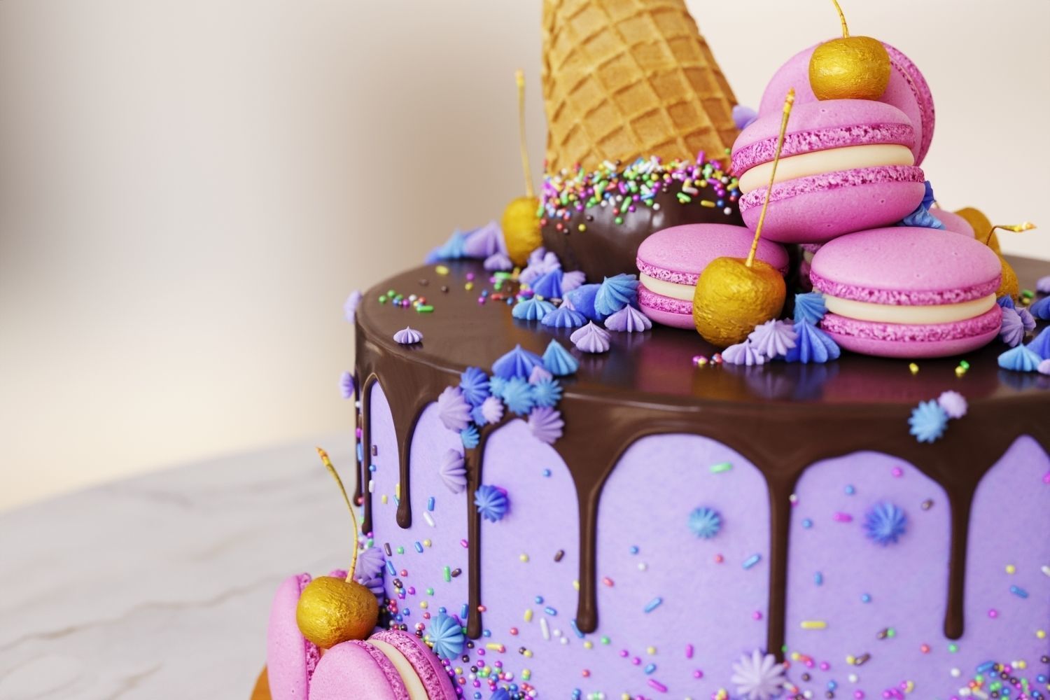 Birthday cake with macarons and ice cream cone 3D model_10