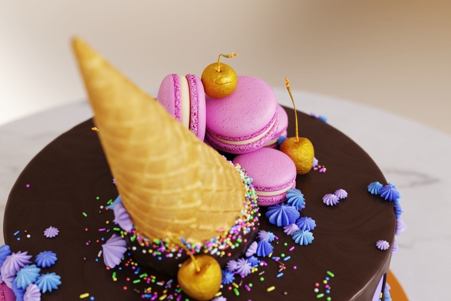Birthday cake with macarons and ice cream cone 3D model_7