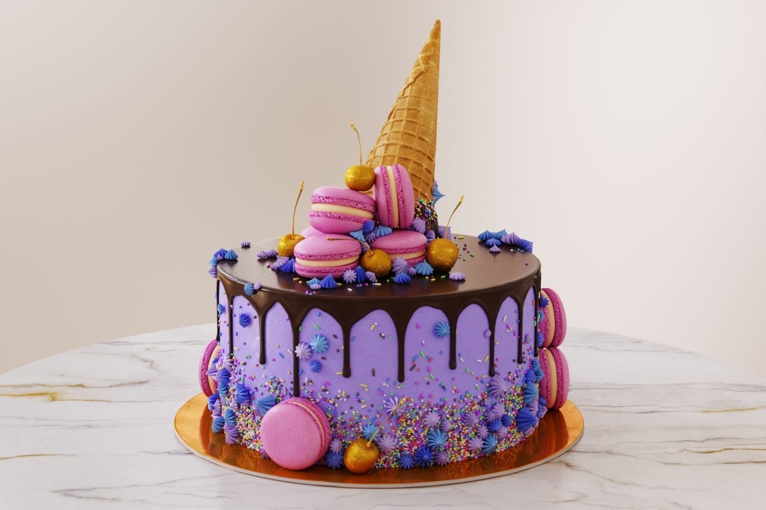 Birthday cake with macarons and ice cream cone 3D model_1