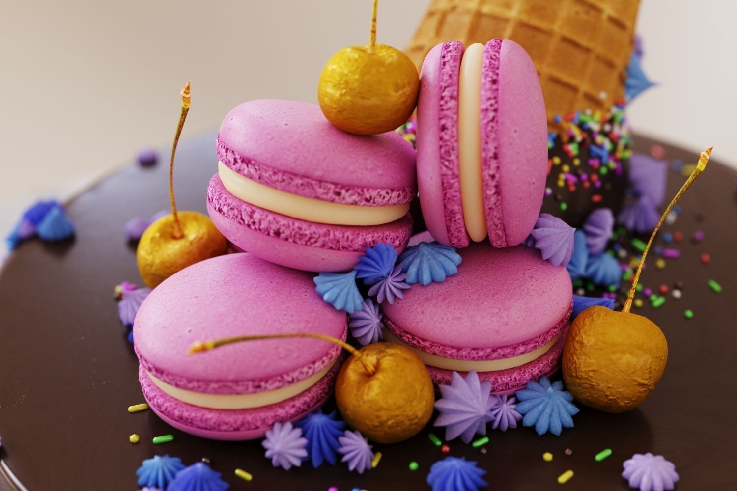 Birthday cake with macarons and ice cream cone 3D model_8