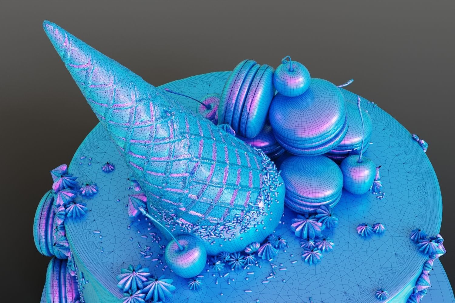 Birthday cake with macarons and ice cream cone 3D model_13