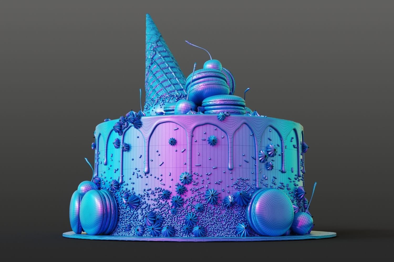 Birthday cake with macarons and ice cream cone 3D model_15