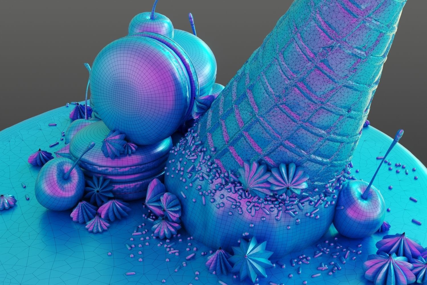 Birthday cake with macarons and ice cream cone 3D model_14