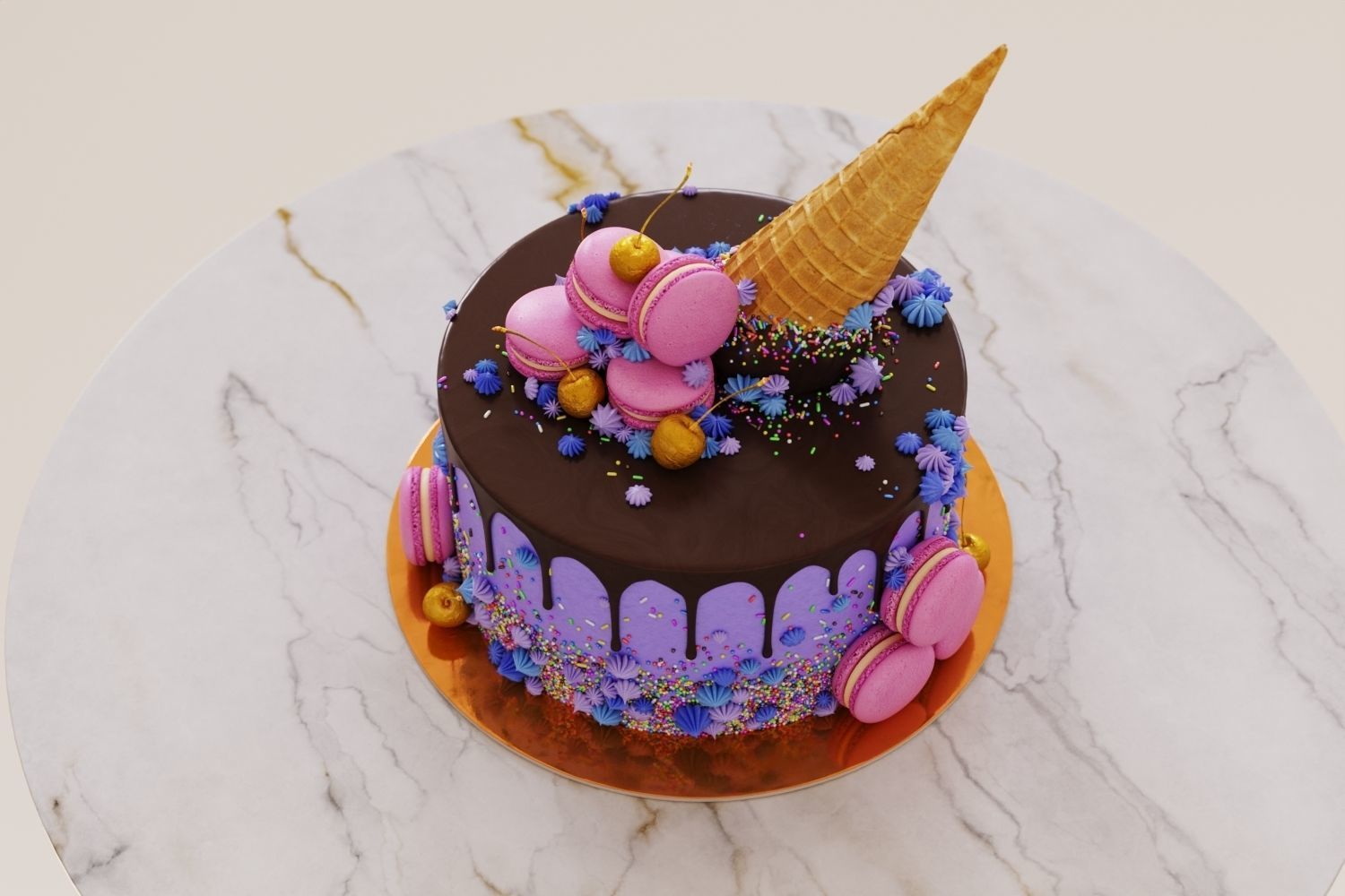 Birthday cake with macarons and ice cream cone 3D model_2