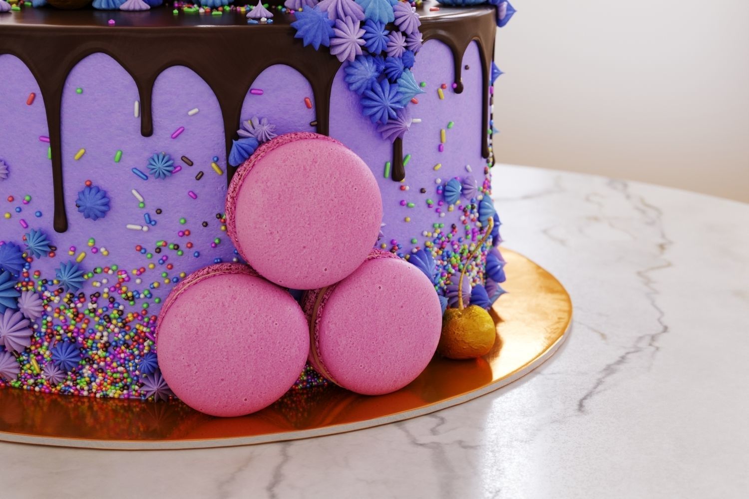 Birthday cake with macarons and ice cream cone 3D model_3