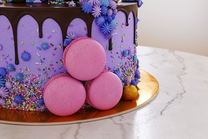 Birthday cake with macarons and ice cream cone 3D model 4