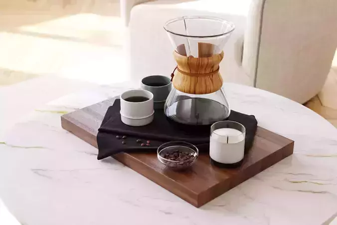 Drip coffee set on wooden tray 3D model
