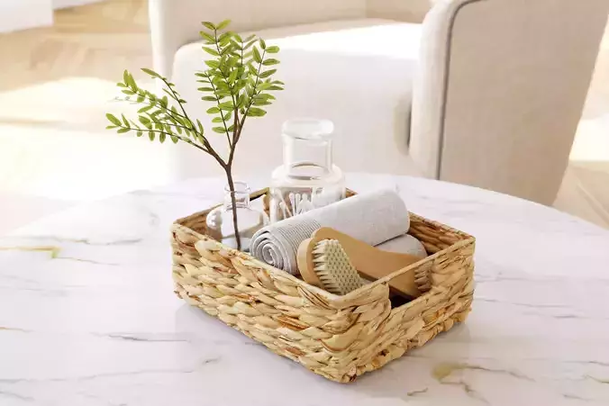 Set of bath accessories in a basket