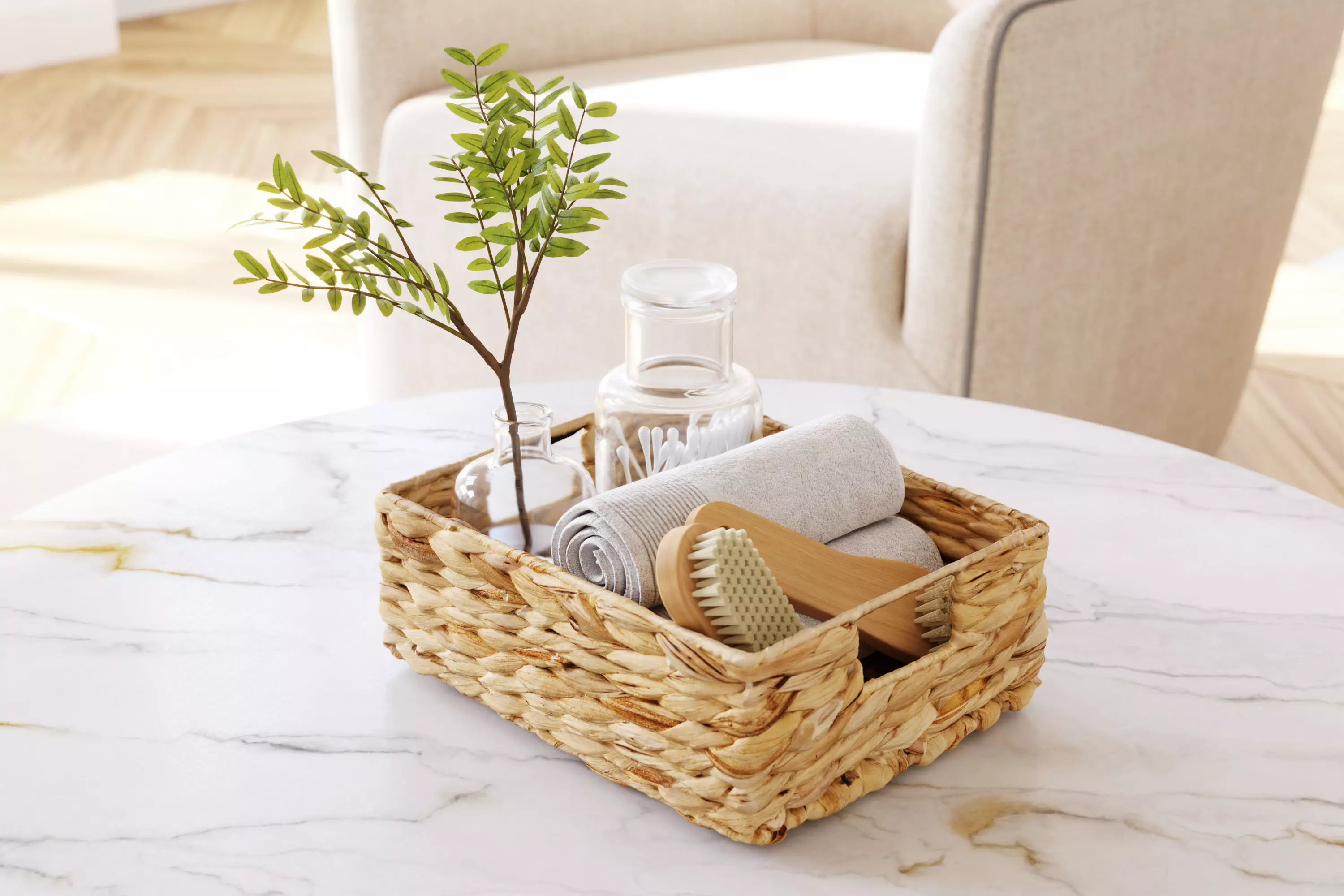 Set of bath accessories in a basket 3D model_0