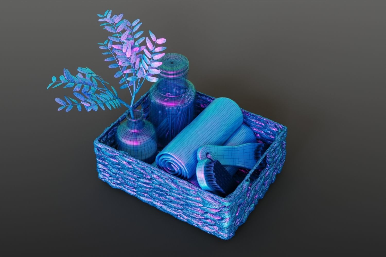 Set of bath accessories in a basket 3D model_11