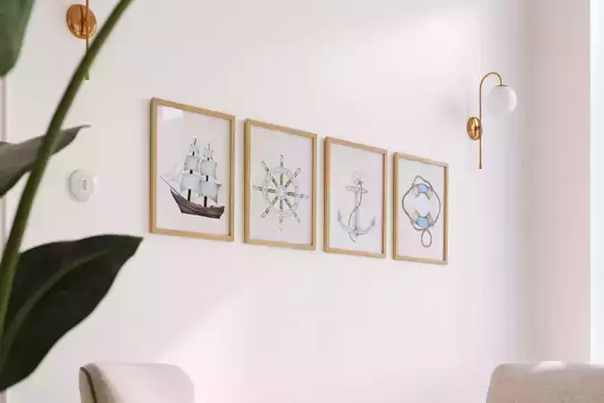 Set of watercolor paintings in wooden frames 3D model
