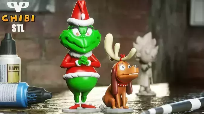 Grinch and Dog Max Chibi STL for 3D Printing ChibiSTL 3DXM