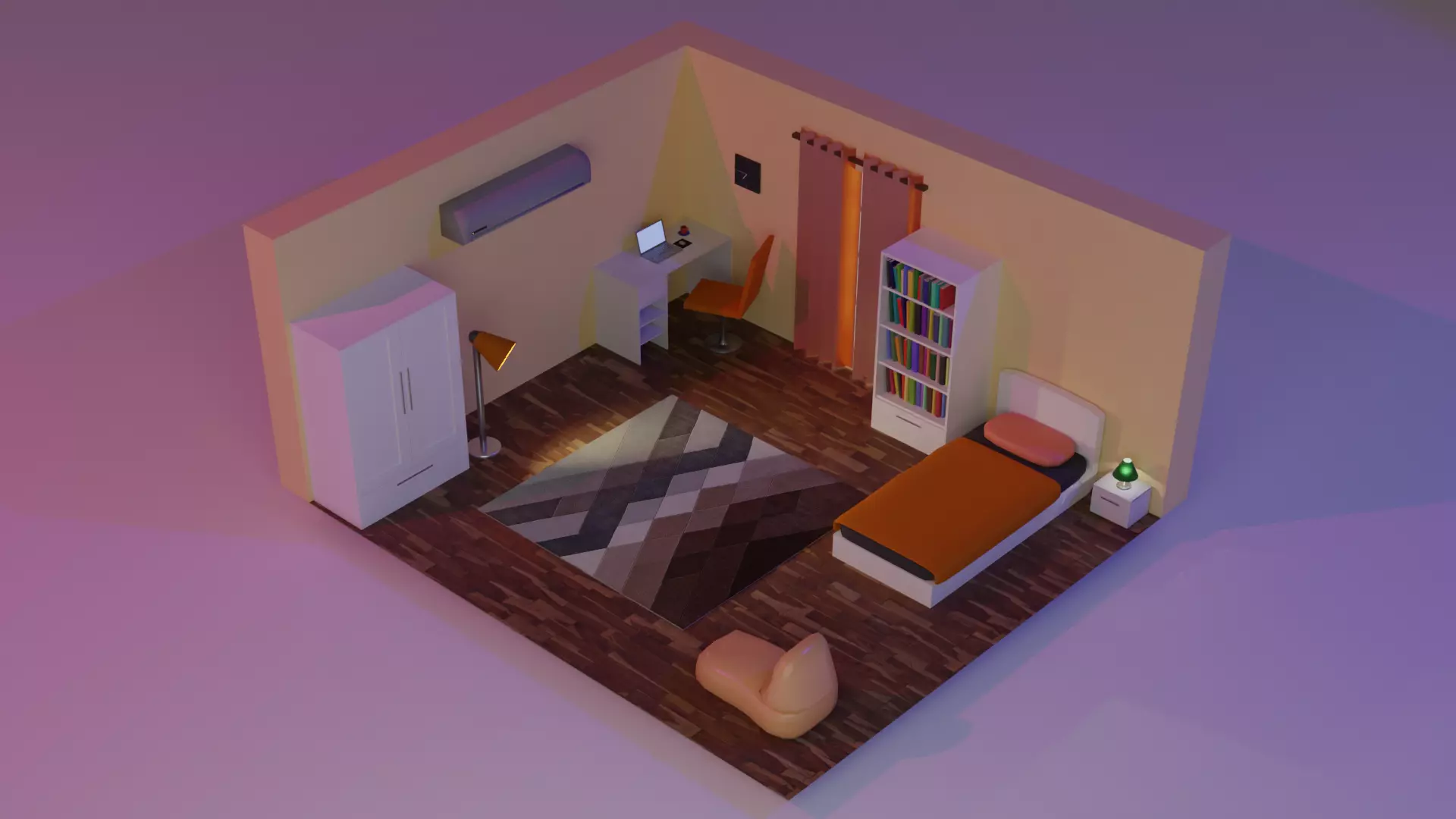 Low Poly Bedroom room with bed and desk Low-poly 3D model
