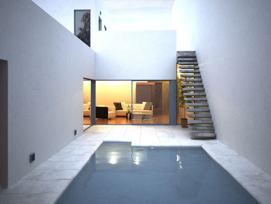 Swimming Pool In A House With Living Room And Stairs 3D model_1