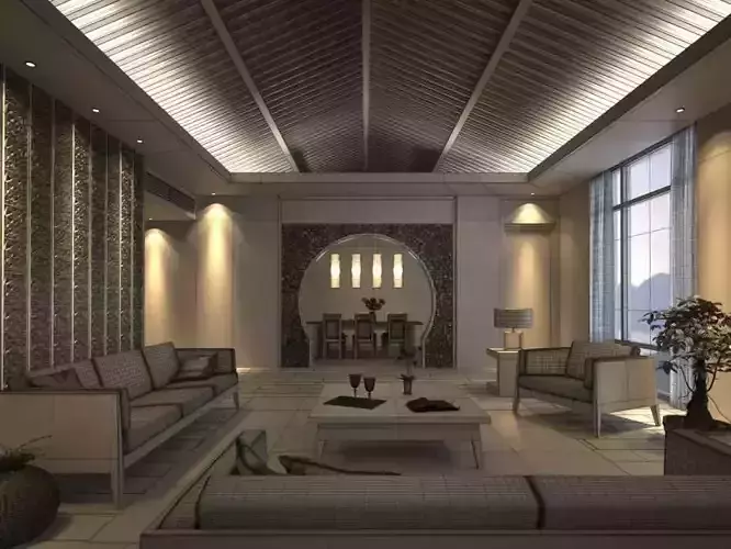 Elegant Living Room With Furniture And Dining Room