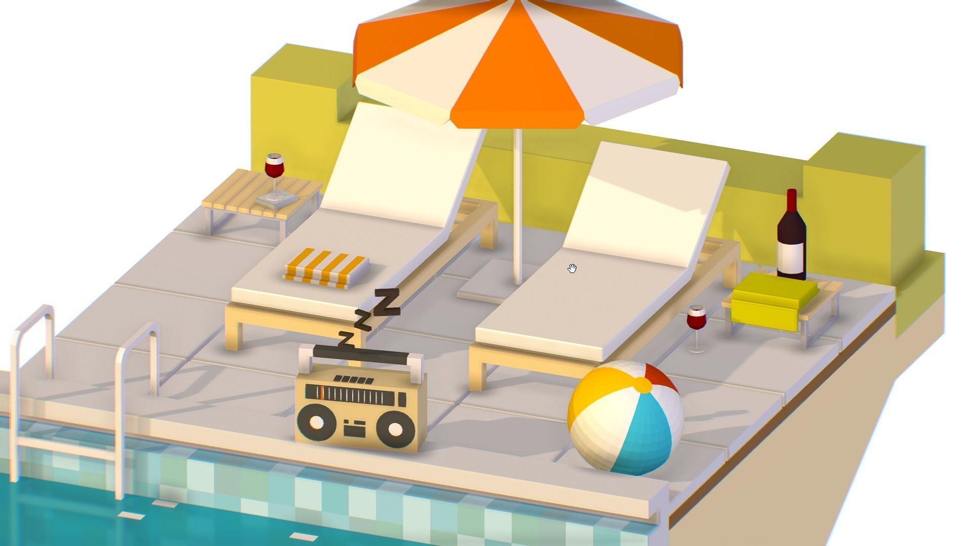 isometric Relax pool on the sun loungers Low-poly 3D model_1