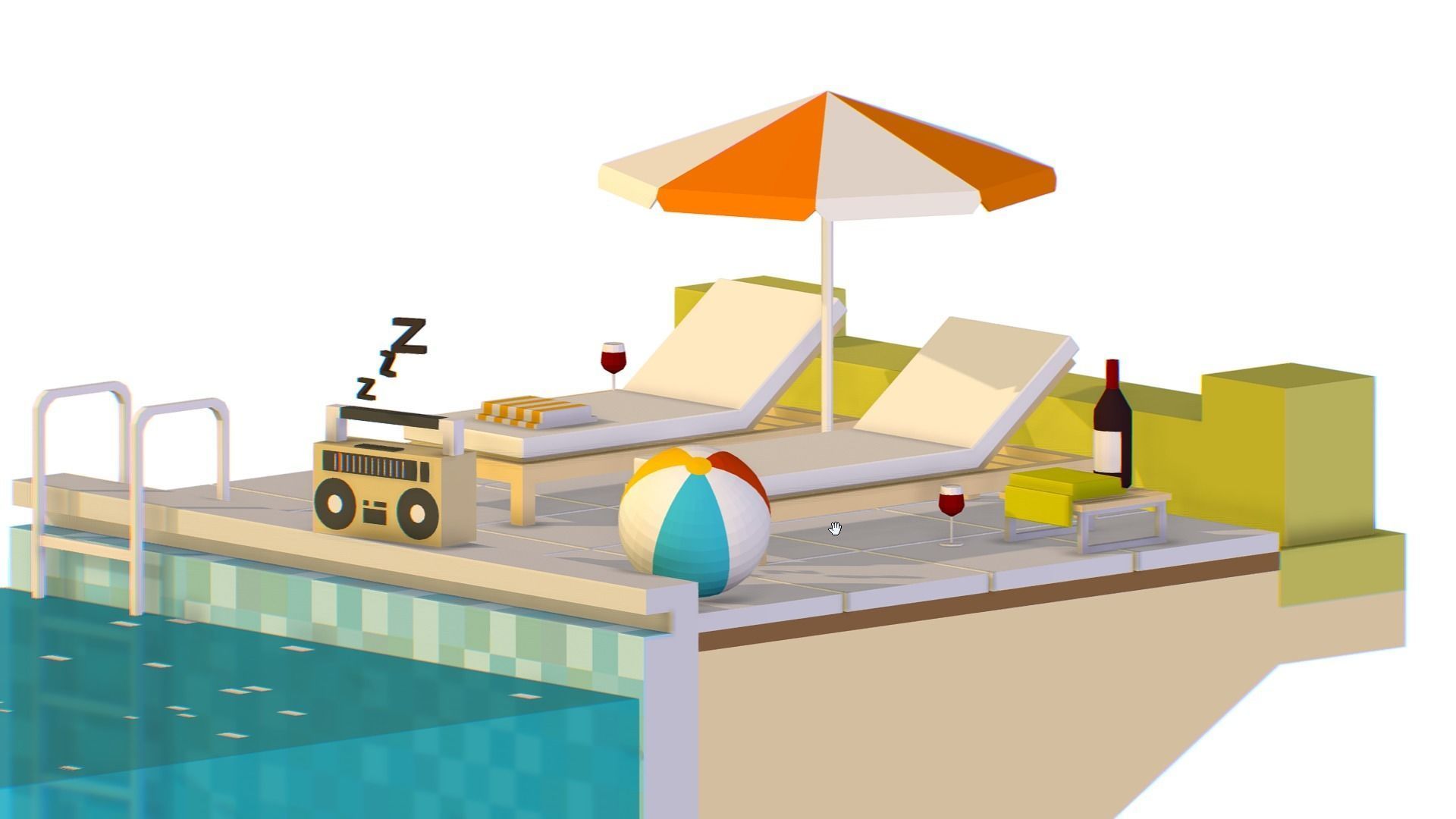 isometric Relax pool on the sun loungers Low-poly 3D model_4
