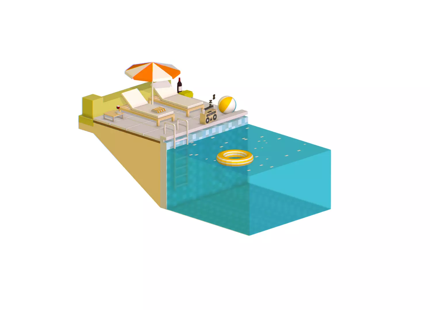 isometric Relax pool on the sun loungers Low-poly 3D model_0