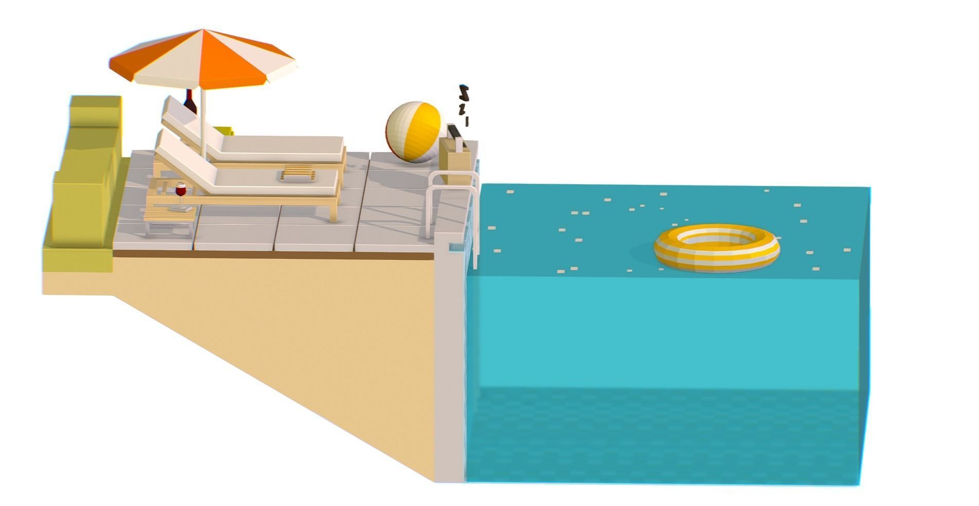 isometric Relax pool on the sun loungers Low-poly 3D model_5
