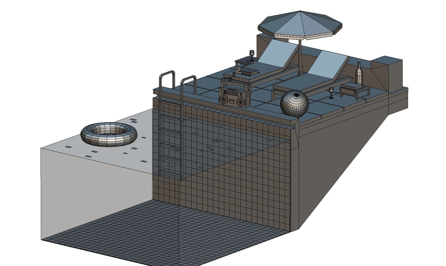 isometric Relax pool on the sun loungers Low-poly 3D model_2
