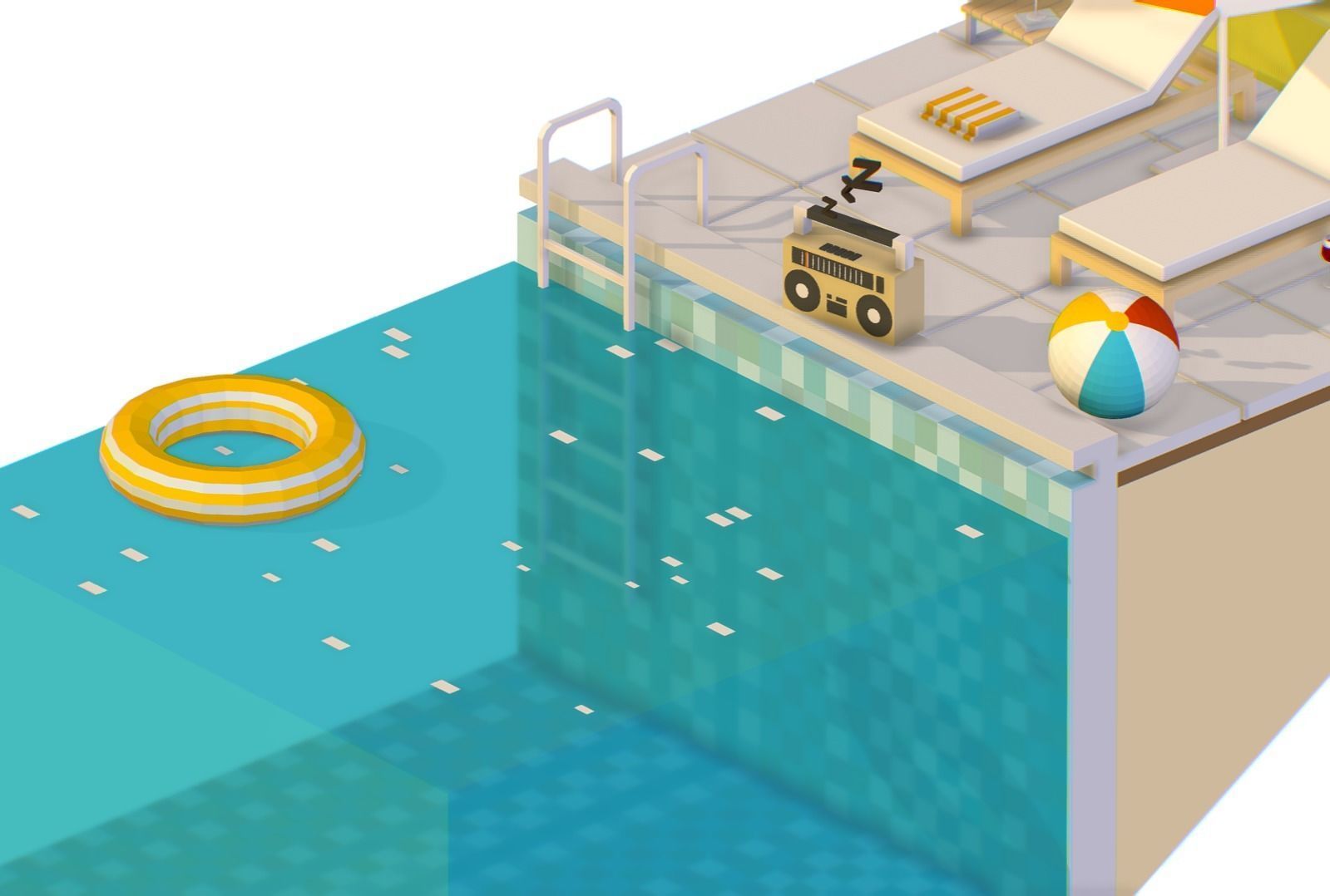 isometric Relax pool on the sun loungers Low-poly 3D model_3