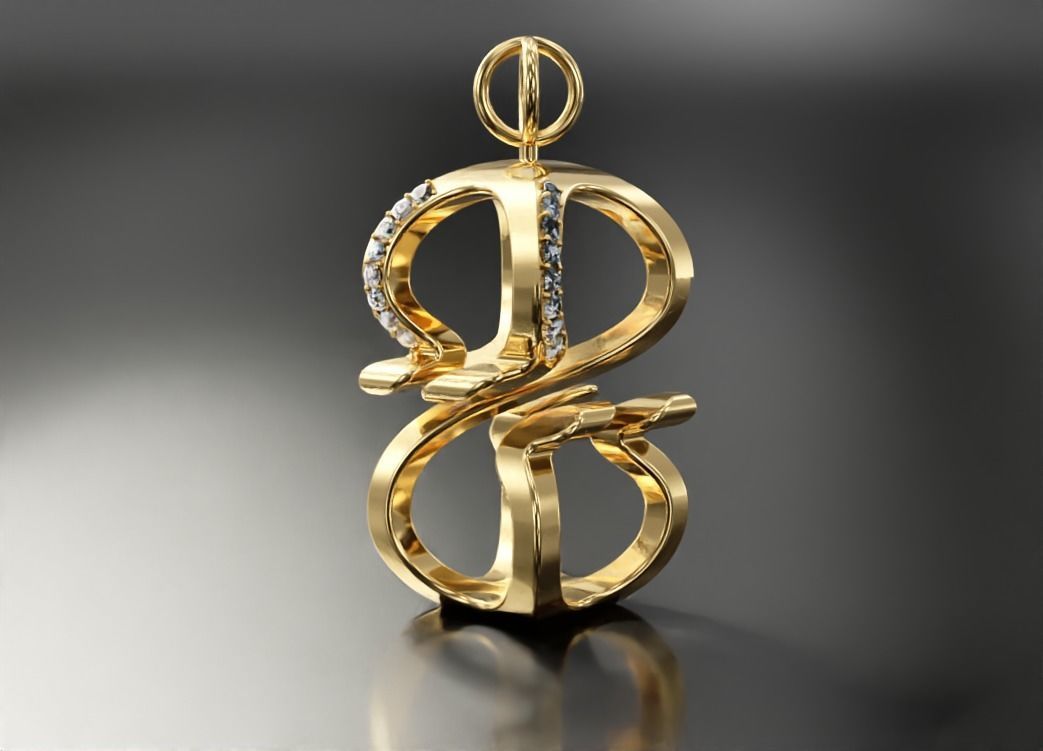 3D S Pendant letter gold with diamonds 3D print model_2