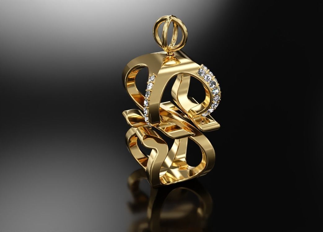 3D S Pendant letter gold with diamonds 3D print model_1
