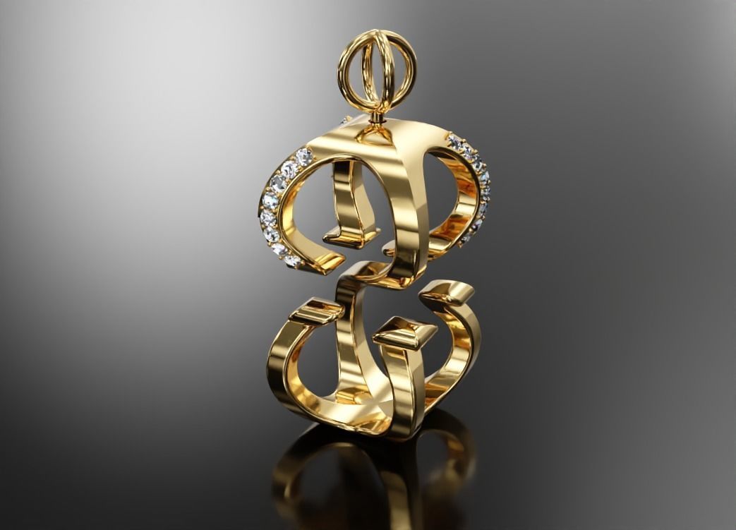 3D S Pendant letter gold with diamonds 3D print model_4